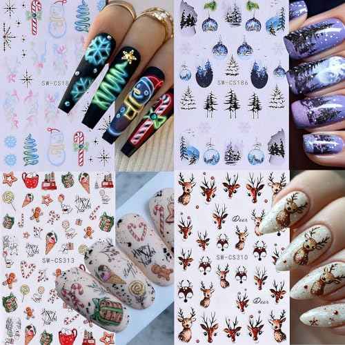 Christmas Nail Art Stickers Decals 16PCS 3D Self-Adhesive New Year Sticker for Nail Art Santa Claus Tree Elk Snowman Gonks Red Designs DIY Xmas Winter Decor Nail Art Supplies for Women Girls