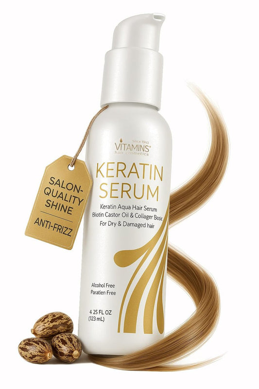 VITAMINS hair cosmetics Keratin Hair Serum with Biotin, Castor Oil & Collagen - Anti-Frizz Heat Protectant & Leave-In Shine Treatment for Dry, Damaged, Color-Treated Hair - 4.25 fl oz (125mL)