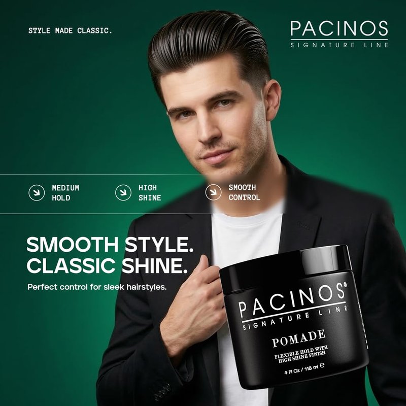 Pacinos Pomade - Flexible Hold, Frizz Control - High Shine Pomade for All Hair Types - 4oz