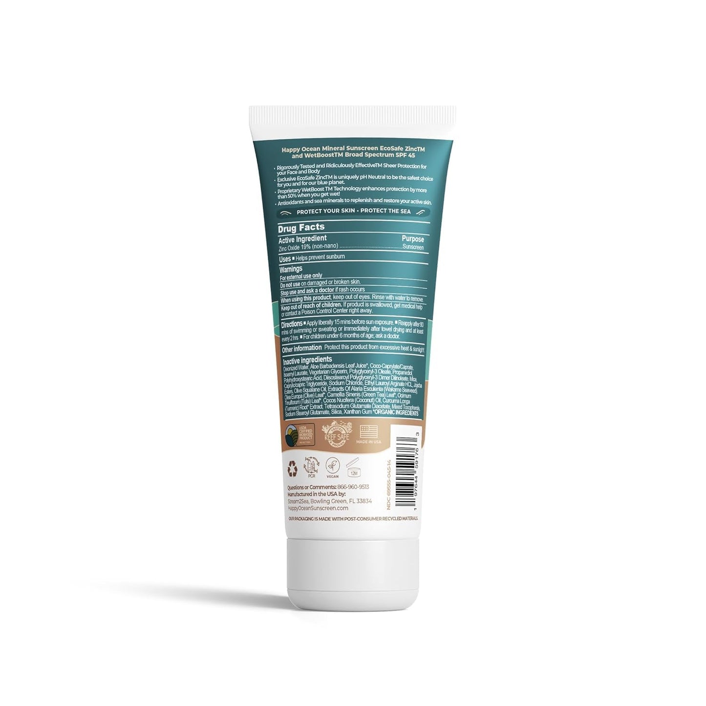 Happy Ocean Reef Safe Sunscreen SPF 45 – Biodegradable Zinc Oxide, Wet Boost Technology, Water Resistant 80 Min, Travel Size 2.5 oz