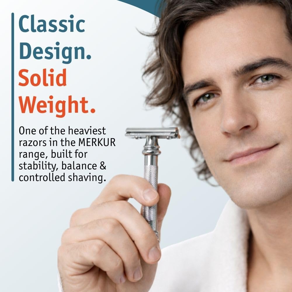 Merkur 38C Double Edge Safety Razor | Chrome Finish, Extra Large Grip, Eco-Friendly Design