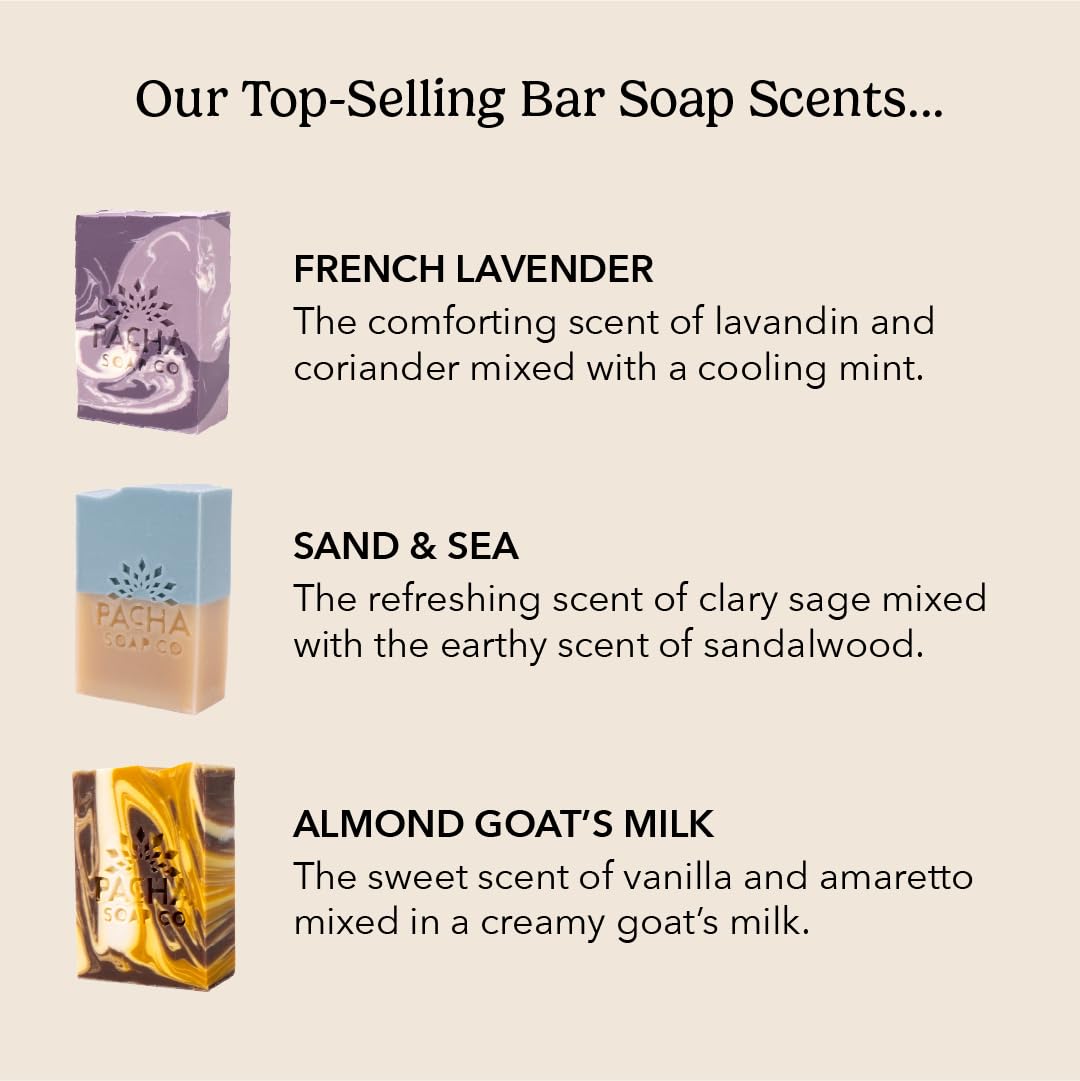 Pacha Soap Co. Bar Soap - Handcrafted Natural Soap Bars with Almond Oil, Goat’s Milk & French Lavender, Moisturizing, Made in USA Artisan Fresh Bar Soap for Face, Hands & Body, 3-Pack (4 oz ea)