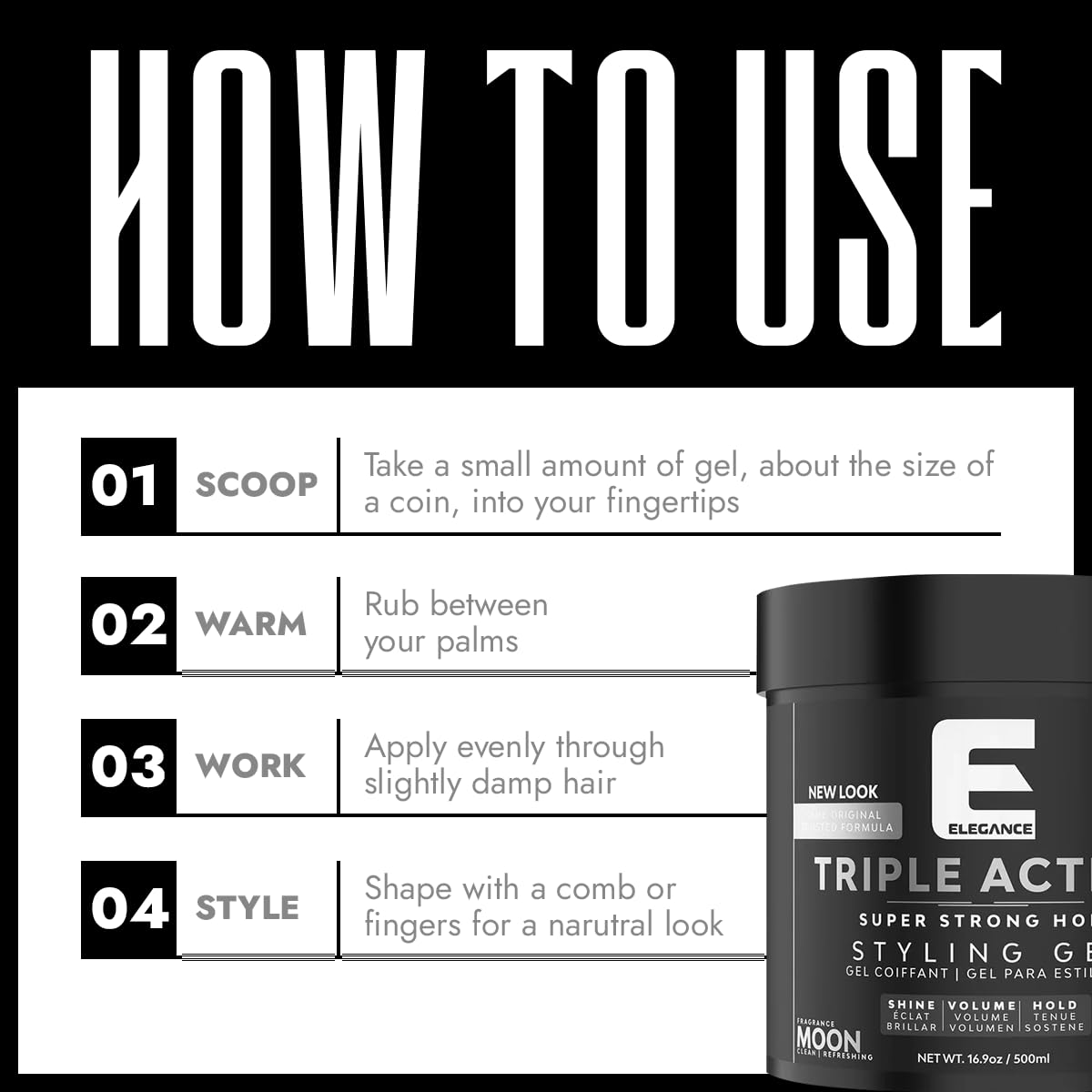 E Elegance Earth Fragrance Triple Action Hair Gel for Men And Women - Super Strong Hold, Extreme Volume, And Long Lasting Shine - Flake Free And Refreshing Fragrance - All Hair Types, 16.9 oz