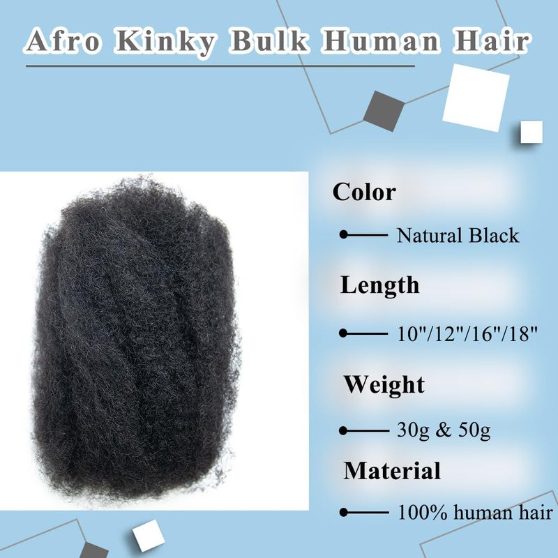 Afro Kinkys Bulk Human Hair Extensions Maroochin 100% Human Hair for Mini Twist, Braids, Dreadlocks, Loc Extensions 50g 12" #1B