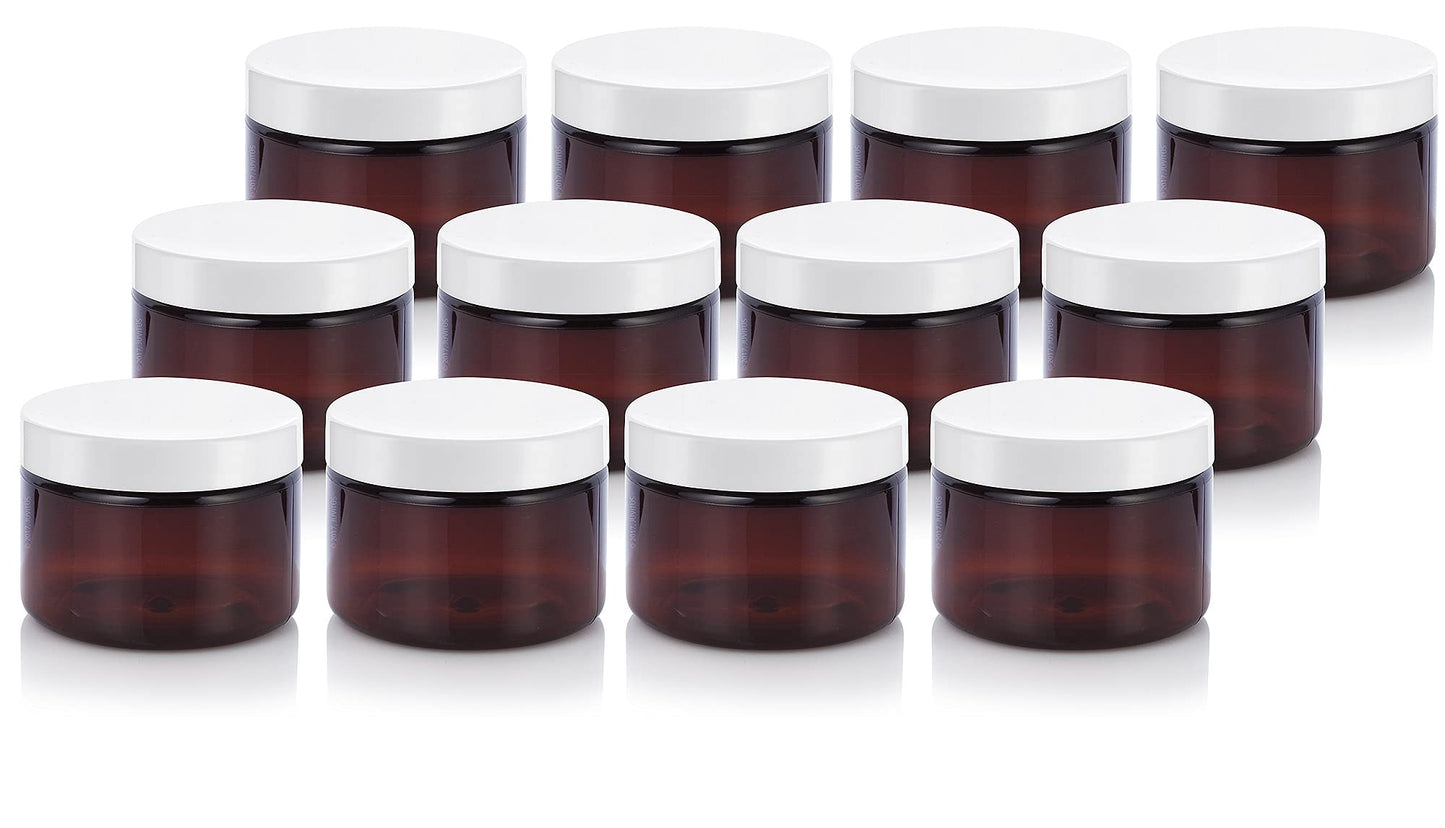 (12 pack) 3 oz Amber PET Plastic Jar with White Lid Refillable Storage Airtight Organizing