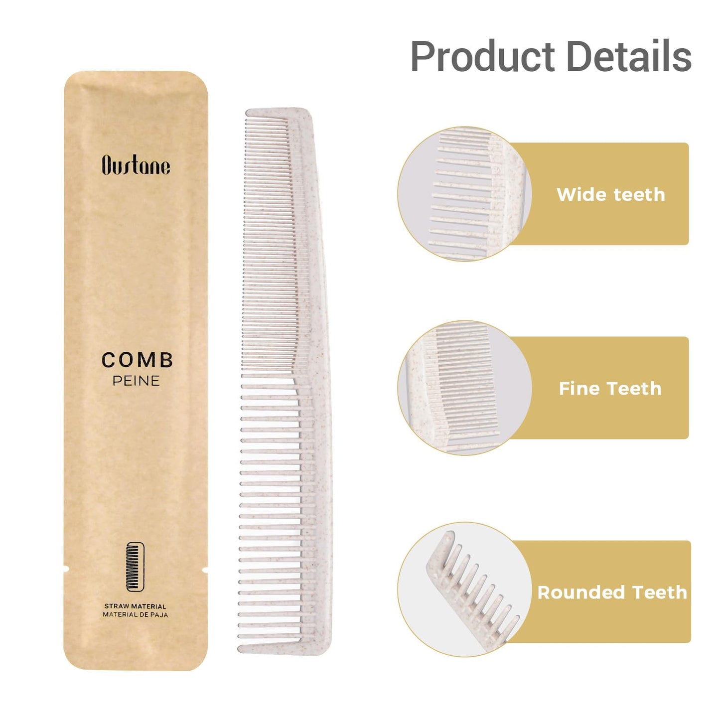 100-Pack Dual-Textured Wheat Straw Hair Combs Bulk, Individually Wrapped Combs for Women, Men & Kids, Disposable Wide Fine Tooth Comb for Styling, Hotels, Airbnbs, Travel & Salons