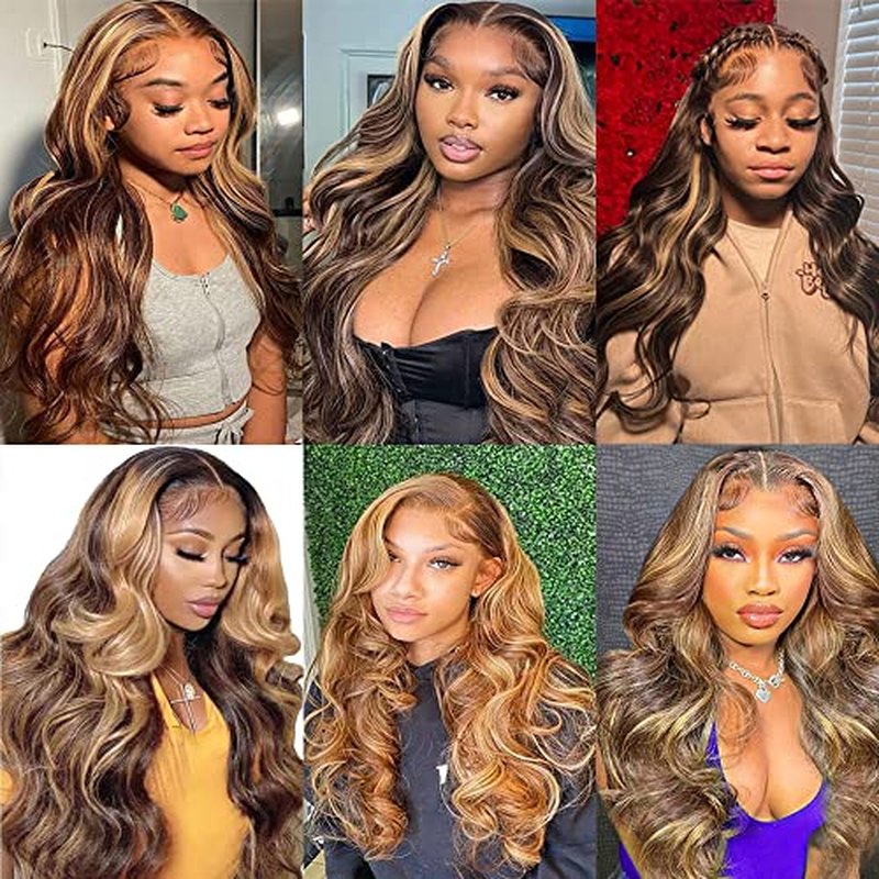 Yllies Honey Blonde Highlight Ombre Middle Part Lace Front Wigs Human Hair T Part HD Transparent Lace Body Wave Wigs 180% Density Brazilian Human Hair 4/27 Colored Glueless Wigs for Women(22 Inch)