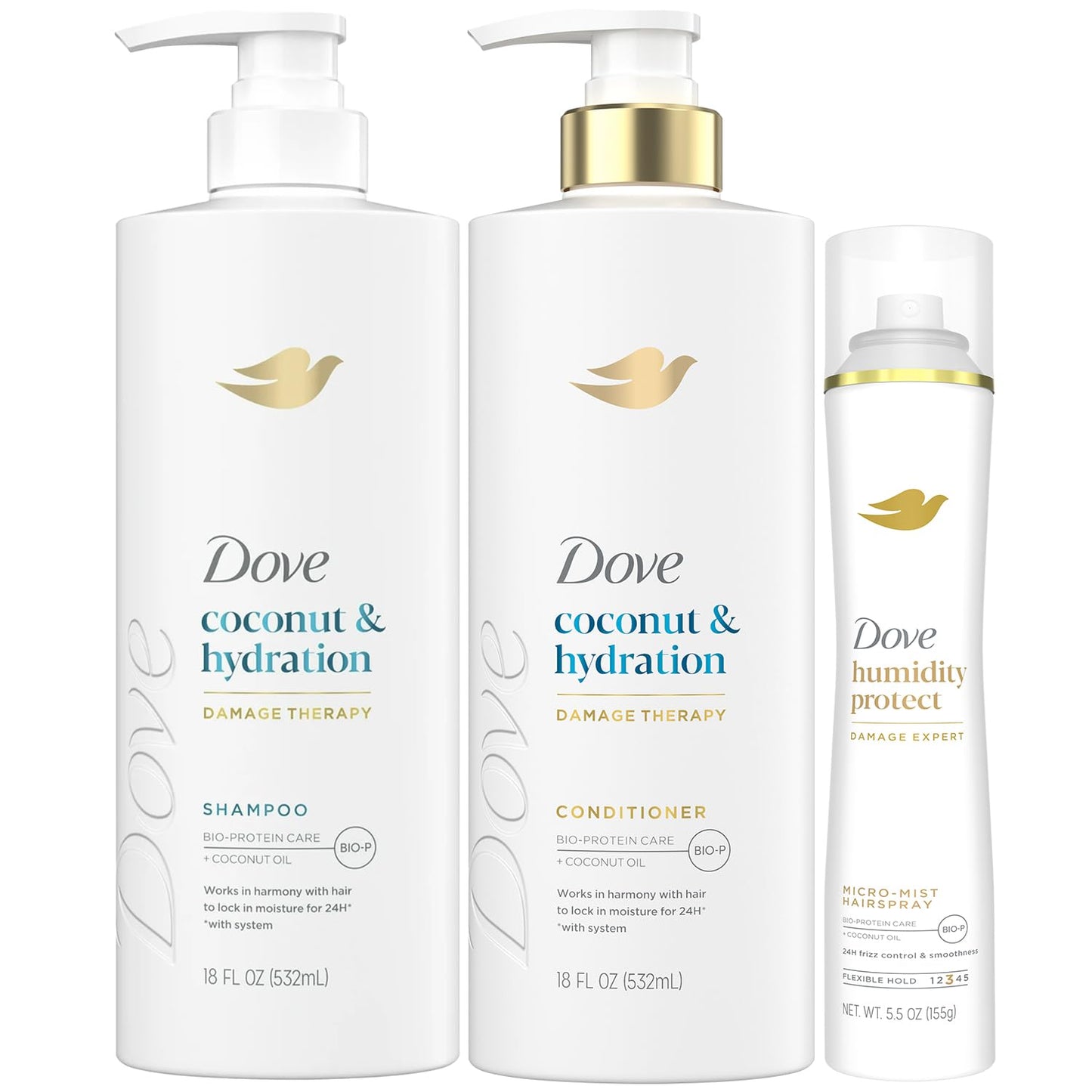 Dove Shampoo & Conditioner Set, Coconut & Hydration Flexible Hold Hairspray, Compressed Micro Mist – Deep Moisture for Revitalizing Dry, Damaged Hair & Styling (3 Piece Set)