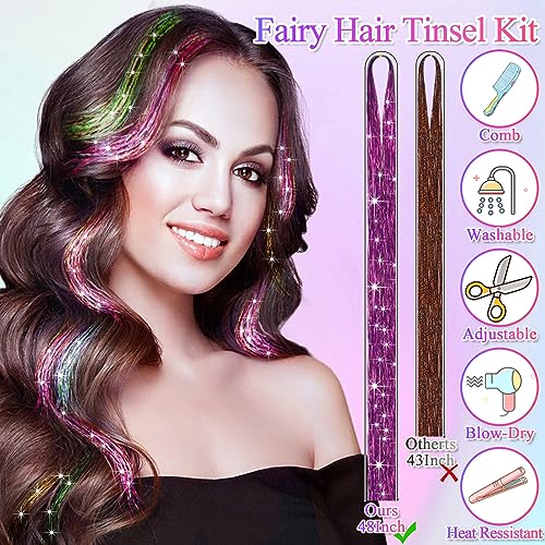 25Colors Fairy Hair Tinsels Kit 5000 Hair Glitter Strands 48Inch Heat Resistant Tinsel Hairs Extension Sparkling Shiny Highlights Hairs Tinsel with Tools for Christmas Halloween New Year Cosplay Party