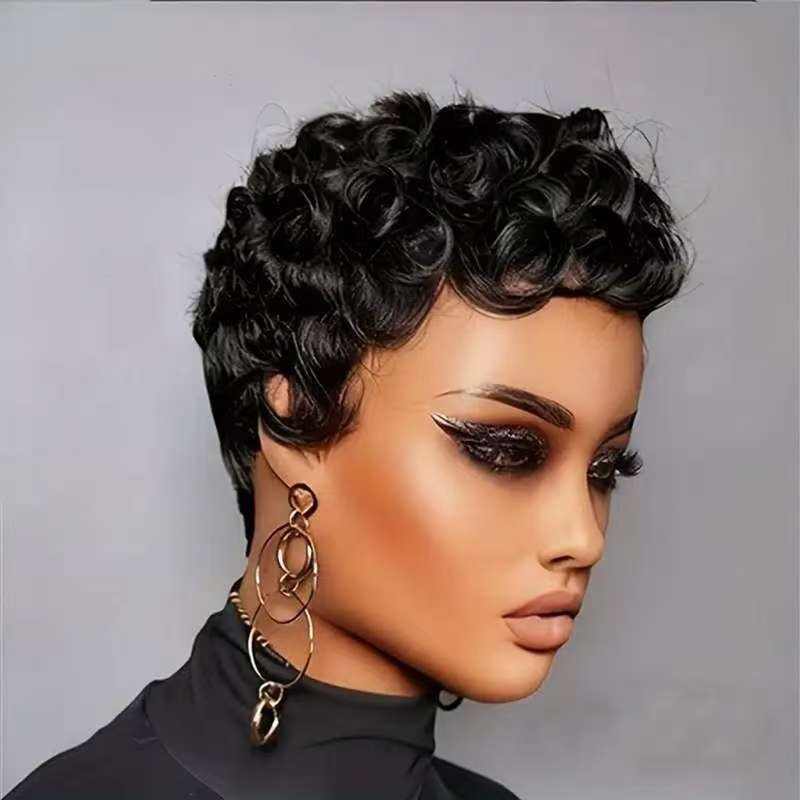 Nigteye Pixie Cut Wigs for Black Women Short Layered Pixie Human Hair Wigs With Bangs Natural Black Color Glueless Short Curly Human Hair Wig Full Machine Made