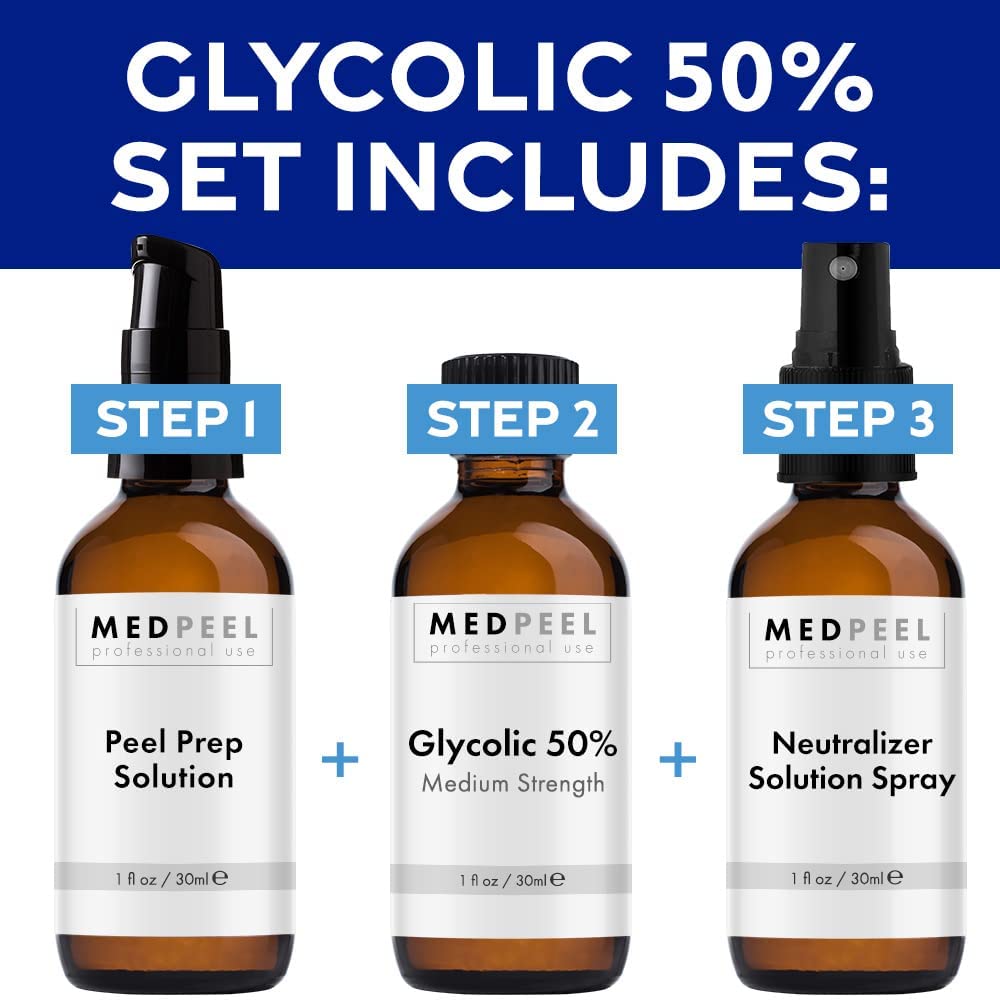 MedPeel Glycolic Acid 50% Essential Peel Kit, Includes: Prep, Neutralizer, Medium Strength Chemical Face Peel, Minimize Fine Lines, Wrinkles, Dark Spots, All Skin Tones, 1oz/30ml (Kit of 3)
