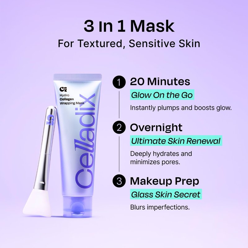Celladix Hydro Collagen Wrapping Mask – Overnight Hydrating & Firming Peel-Off Face Mask, Vegan Collagen, Niacinamide–Pore Minimizing & Radiance Boost, Korean Skincare, 2.53 Fl Oz (Jelly Brush Set)