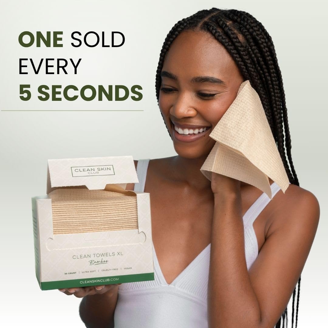 Clean Skin Club Bamboo Viscose Clean Towels® XL 100% USDA Biobased Face Towel, Disposable Face Towelette, Makeup Remover Dry Wipes, Ultra Soft, 50 Ct, 1 Pack