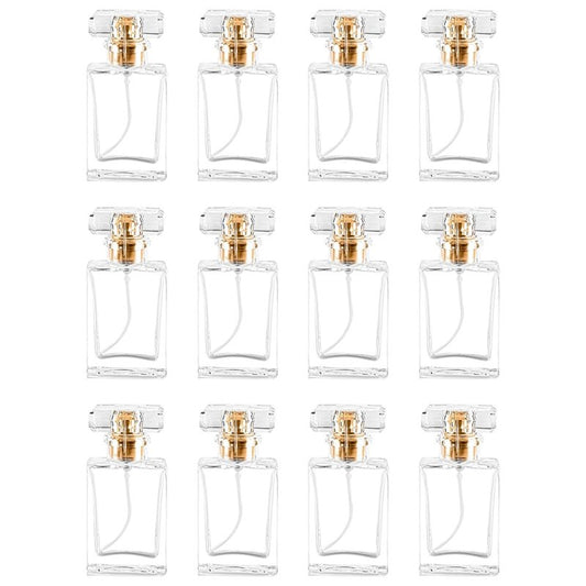 Glass Perfume Bottle Empty Refillable 12Pack Clear Travel Perfume Spray Atomizer Bottle 30ml Perfume Fine Mist Spray Perfume Bottle Atomizer Container with Sprayer Applicator (Clear Square 30ml 12PCS)