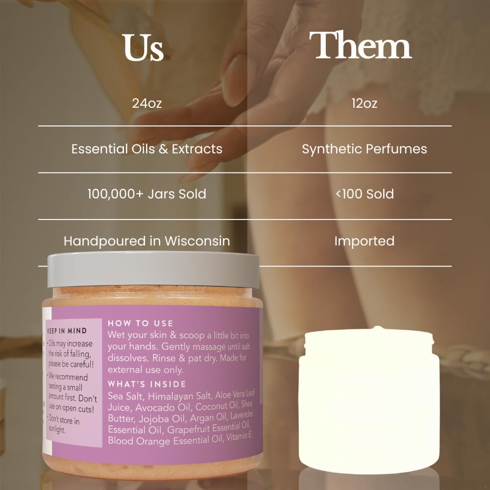 Bare Botanics 24oz Lavender Citrus Himalayan Sea Salt Body Scrub | Non-toxic, Vegan & Cruelty-free | Made in Madison, WI | Full Body Exfoliator & Hydrating Moisturizer with a Cute Wooden Spoon
