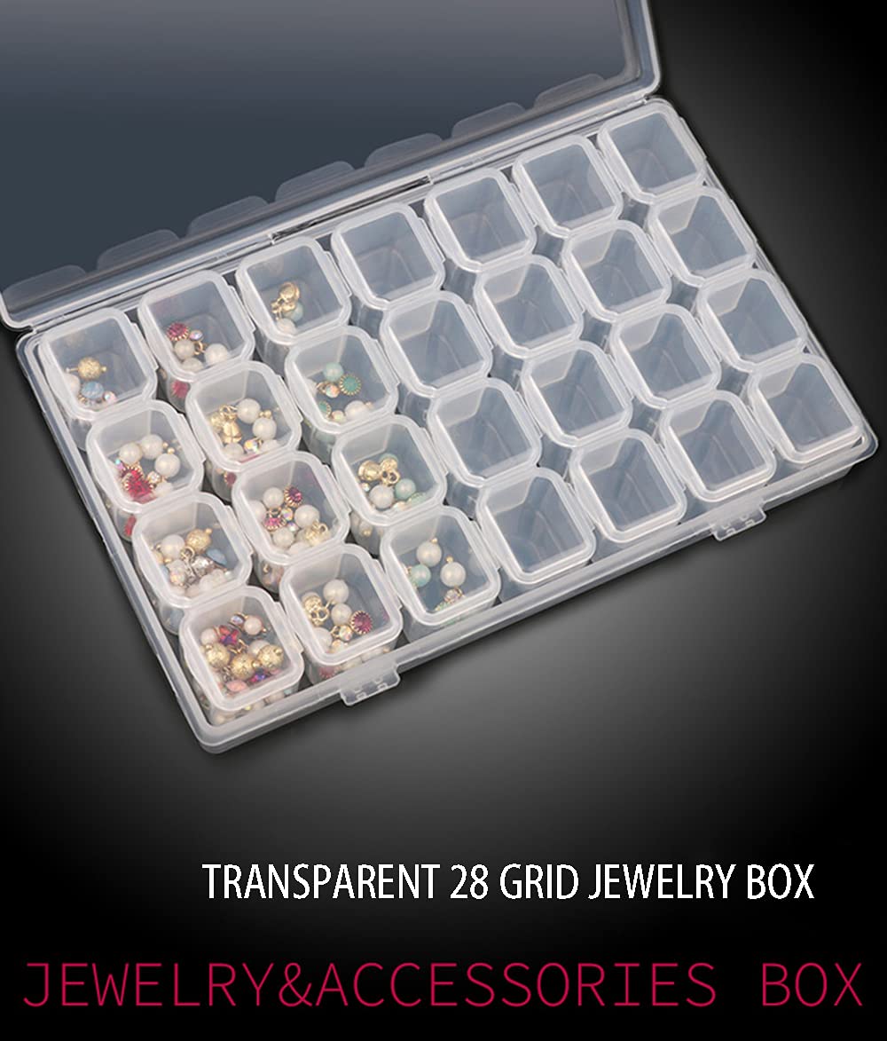 HANSAMU Rhinestone Organizer Box, 3D Acrylic Nail Charms Storage Box,Transparent Plastic Nail Gems Caviar Beads Pearls Nail Art Accessories Display Holder eye jewelry Collecting Container 28 Slots