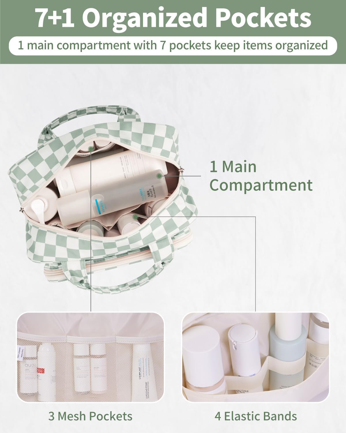Large Travel Toiletry Bag - Checkered Makeup Organizer for Women | Mint Green