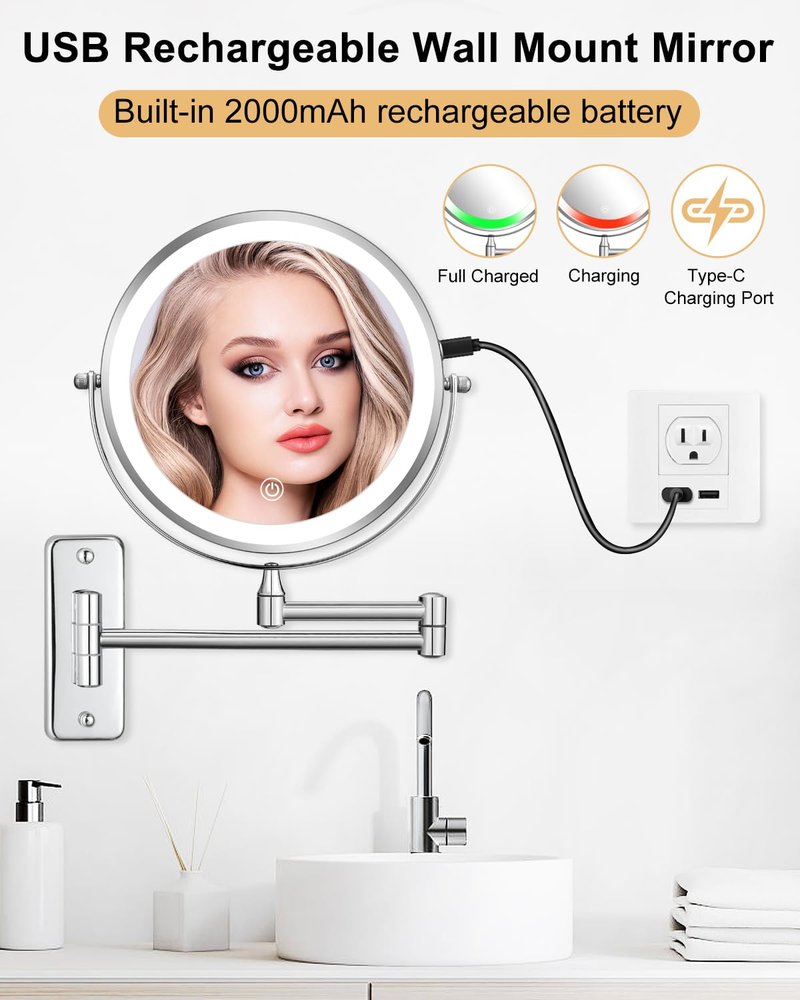 DECLUTTR Wall Mounted Makeup Mirror with Lights, Rechargeable 8 Inch Double Sided Magnifying Mirror 1X/10X, Dimmable Vanity Mirror with 3 Lighting Modes