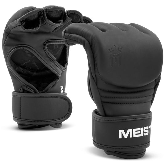 Meister [Critical] 4oz MMA Gloves for Striking & Grappling w/Pre-Curved Nemeios Leather - Matte Black - Medium