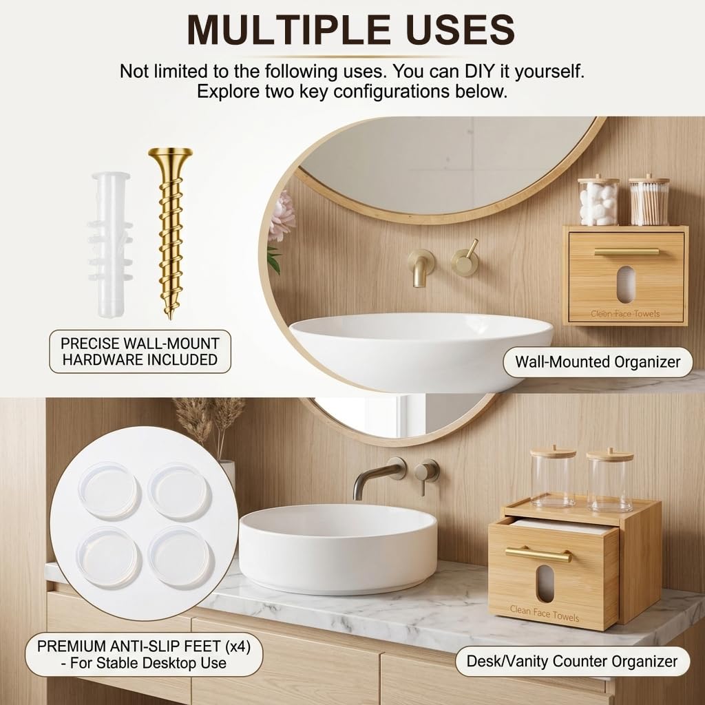 BSSN Disposable Face Towel Holder, Bamboo Clean Towels Xl Holder with Cotton Swab Container and 60ct Towels, Countertop Skincare Organizer, Bathroom Vanity Storage Box for Face Tissues, Makeup Pads