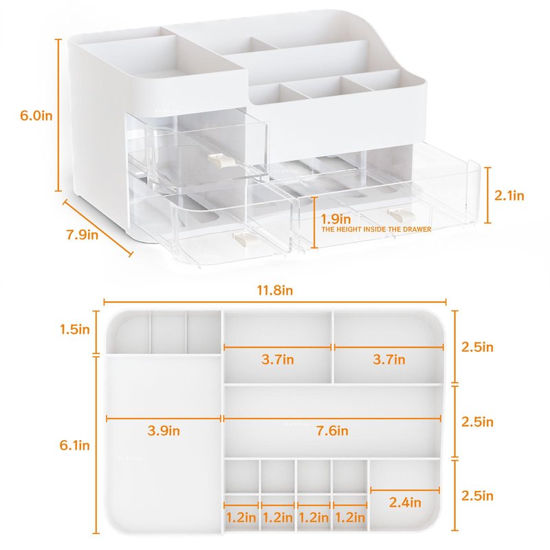 SuoXing White Make up Organizers for Vanity,Large Plastic Bathroom Counter Organizer With Drawers,Skincare Organizers and Cosmetic Storage for Dresser Top Skin Care,Beauty Products and Brush Holder