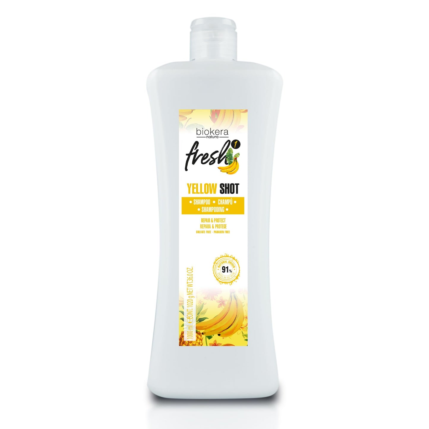 SALERM - Repair Shampoo Yellow Shot - Biokera Fresh - 1000 ml - Repairs and Protects - For Shiny, Frizz-Free Hair - Sulfate-Free and Paraben-Free Shampoo