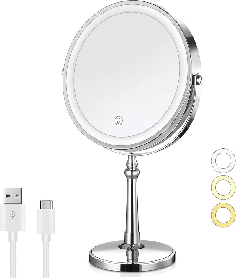 LED Makeup Mirror - 10x Magnification, Rechargeable Touch, 3 Color Modes | Compact Vanity Mirror Gift for Women