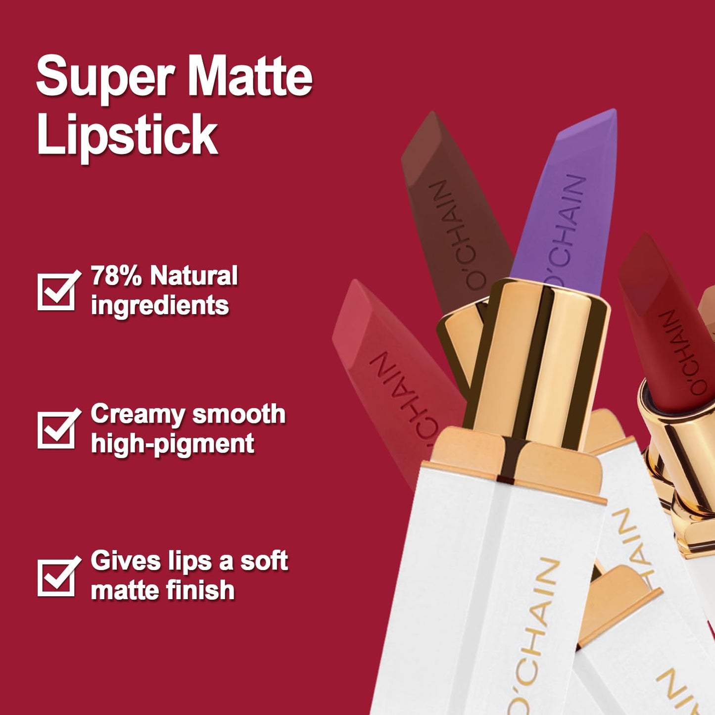 O'CHAIN Matte Lipstick, Long Lasting Full Coverage Non-Transfer Lipstick for Women Infused with Jojoba Oil and Vitamin E, Cruelty-Free & Vegan(08 PEACHY) 0.12 Oz