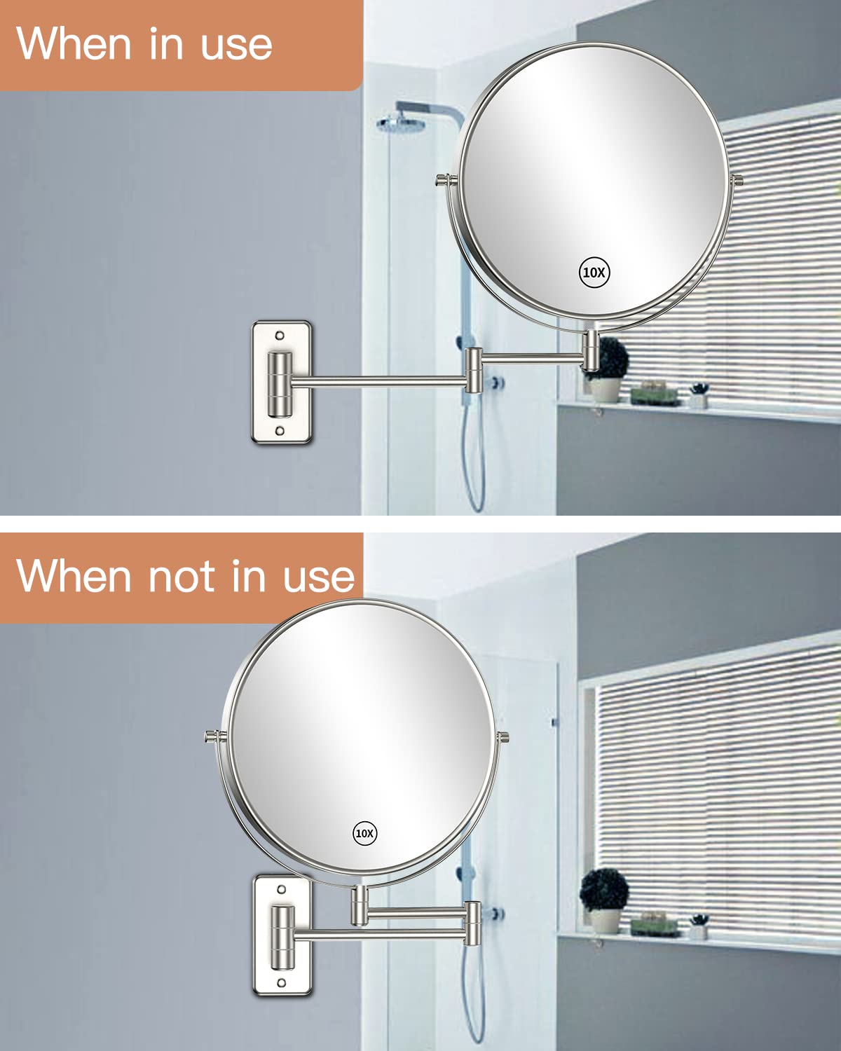Benbilry 9" Large Size Wall Mounted Makeup Vanity Mirror, 1X/10X Magnifying Double Sided Shaving Mirror for Bathroom, 360° Swivel Extendable Arm, Nickel Finish
