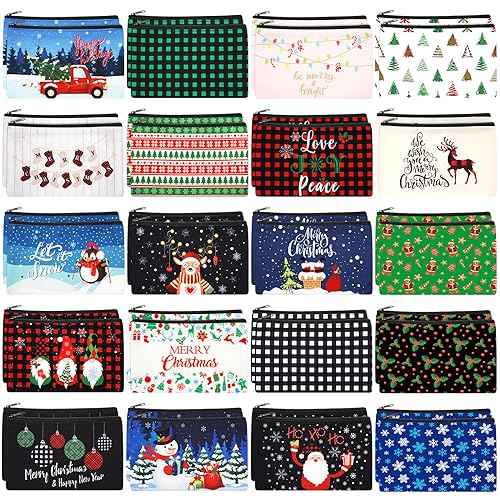 Abbylike 40 Pcs Christmas Gift Makeup Bags Buffalo Plaid Holiday Cosmetics Bag with Zipper Xmas Gnomes Elk Snowman Goodie Portable toiletry Pouch with Dwarf Santa Claus for Women Travel
