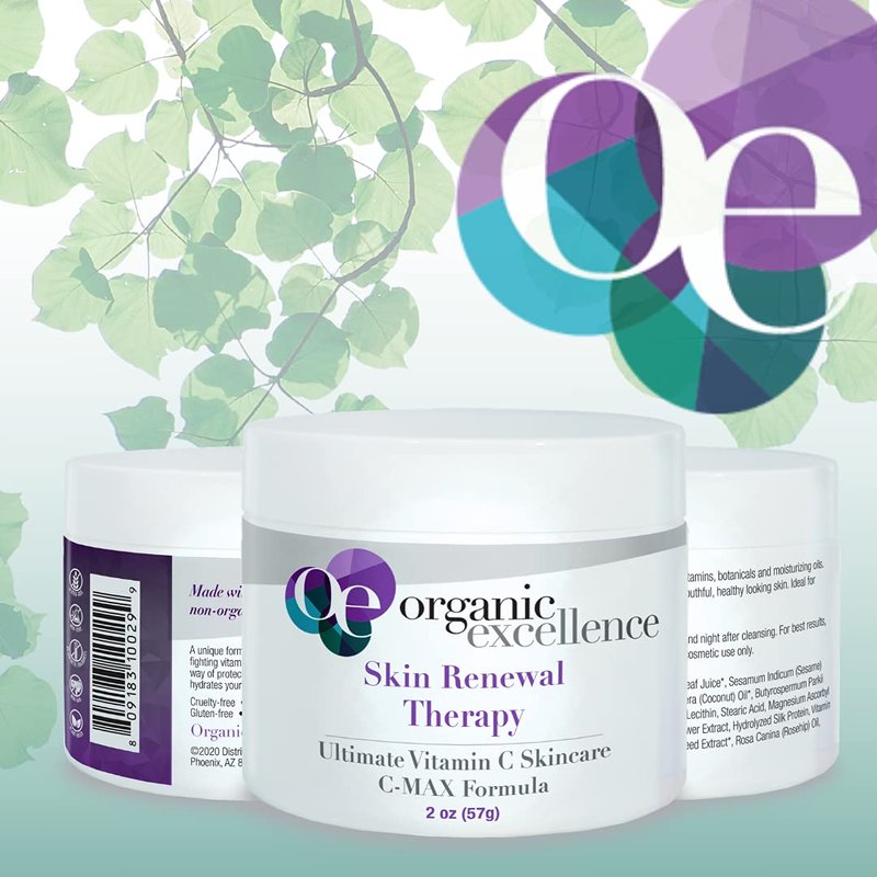 Organic Excellence Skin Renewal Therapy, Vitamin C Face & Neck Cream, Moisturizer to Stimulate Collagen Production and Increase Skin Cell Renewal, Organic Natural Non-Toxic Cruelty-Free 2 oz (57g)