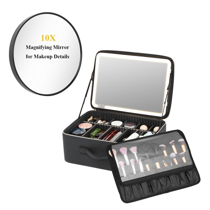 Tense Edano Extra Large PU Cosmetics Train Case with LED Lighted Mirror Rechargeable 3 Color Lights Portable Makeup Artist Organizer with Adjustable Dividers Shoulder Strap (Lighted Cosemtic Case)