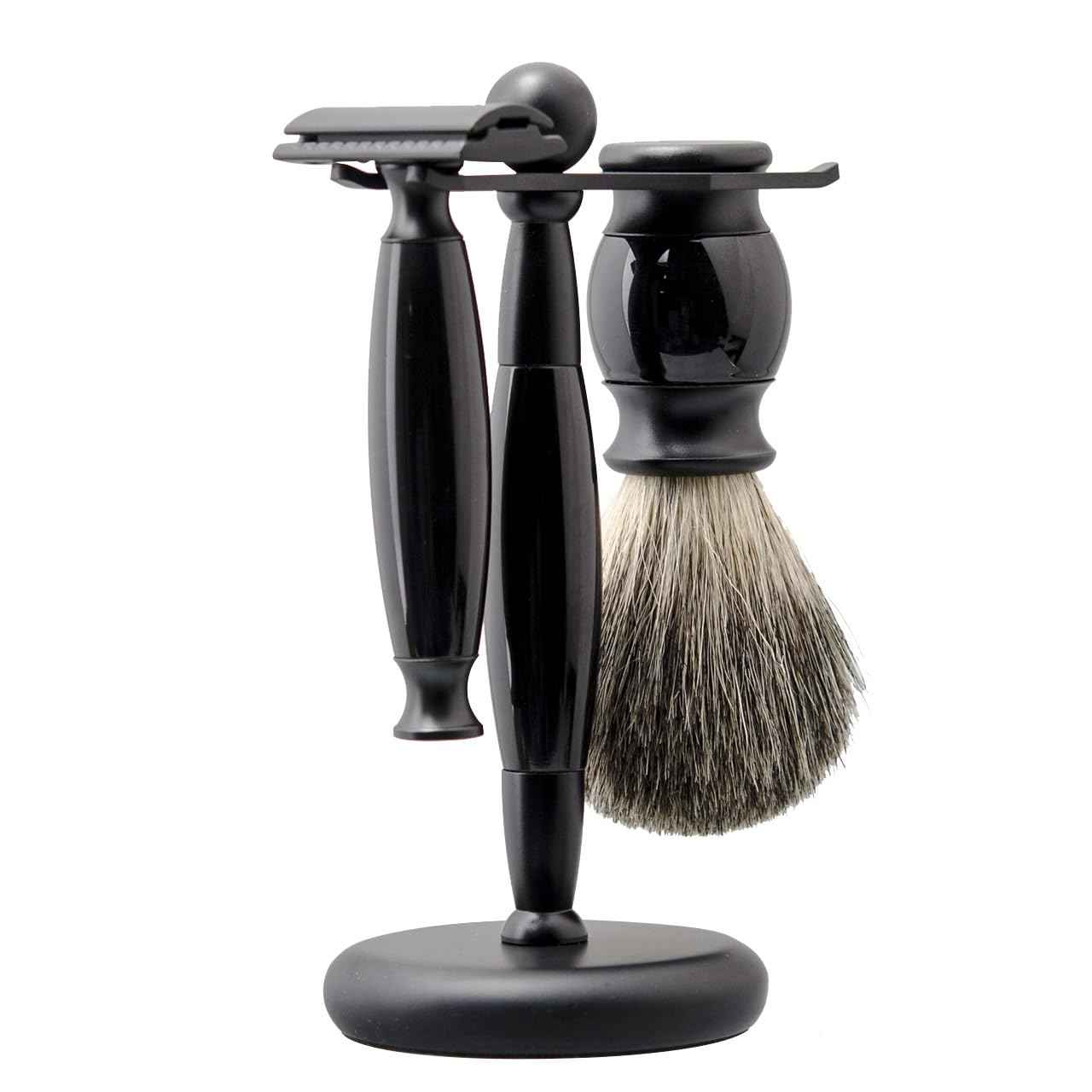 Danweix Black Wet Shaving Kit for Men, 3 in 1 Set with Badger Hair Brush, Double Edge Safety Razor, Alloy Stand Holder