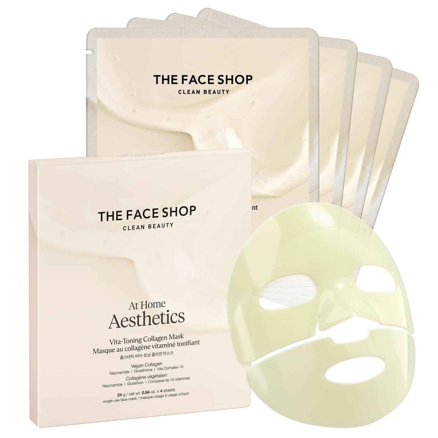 THE FACE SHOP Vita-Toning Vegan Collagen Face Mask, Korean Glass Skin Essential, Hydrogel Mask for Moisturizing & Skin Elasticity, Improves Uneven Tone, 4EA