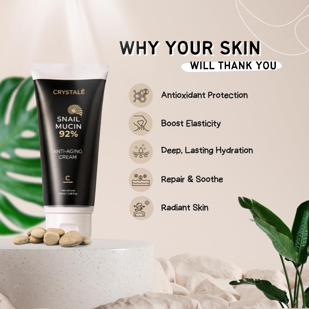 CRYSTALÉ Snail Mucin Filtrate 92% Hydrating Face Moisturizer Gel Cream for Korean Skin Care Beauty Routine with Niacinamide and Panthenol, Deep Hydration Formula for Face, Hands and Body, 3.38 fl.oz