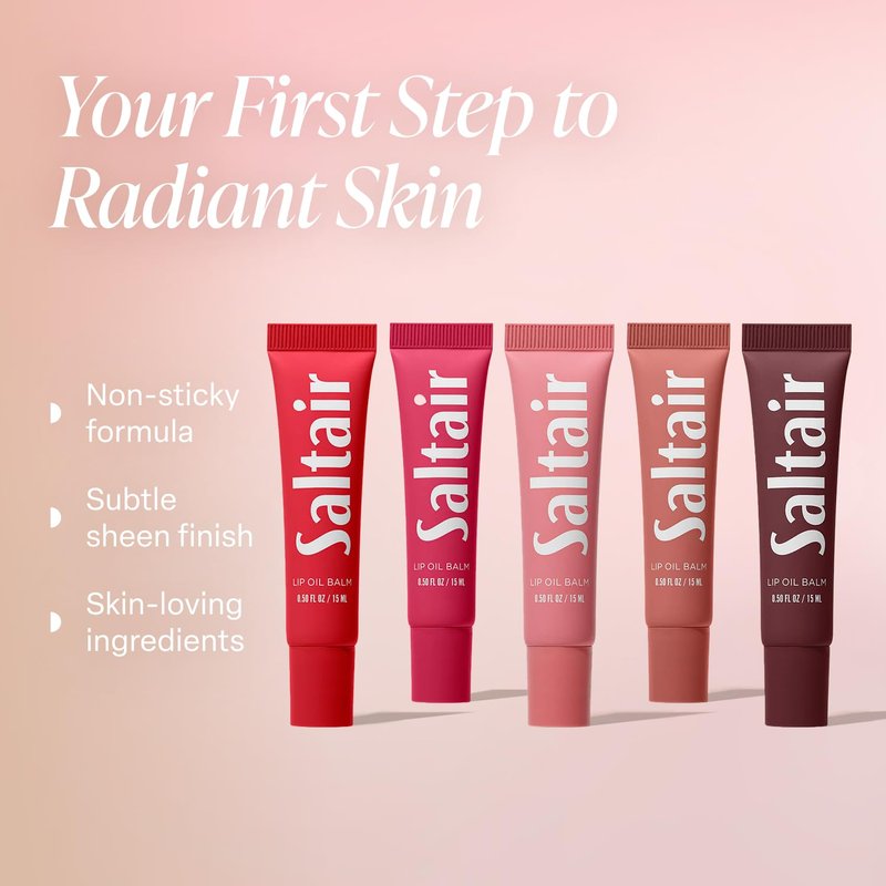 Saltair Hydrating Lip Oil Balm, Clear and Tinted Lip Gloss, Essentials Shades 5-Pack. Moisturizing Vegan Conditioning for Dry Cracked Lips with Glossy High-Shine Finish. Coconut Vanilla Flavor