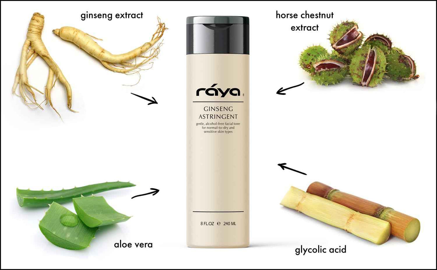 RAYA Ginseng Astringent with AHA 8 oz (G-205) | Gentle Glycolic Facial Toner for Dry and Sensitive Skin | Helps Tighten Pores, Smooth Complexion, and Reduce Fine Lines | Made with Alpha Hydroxy Acids