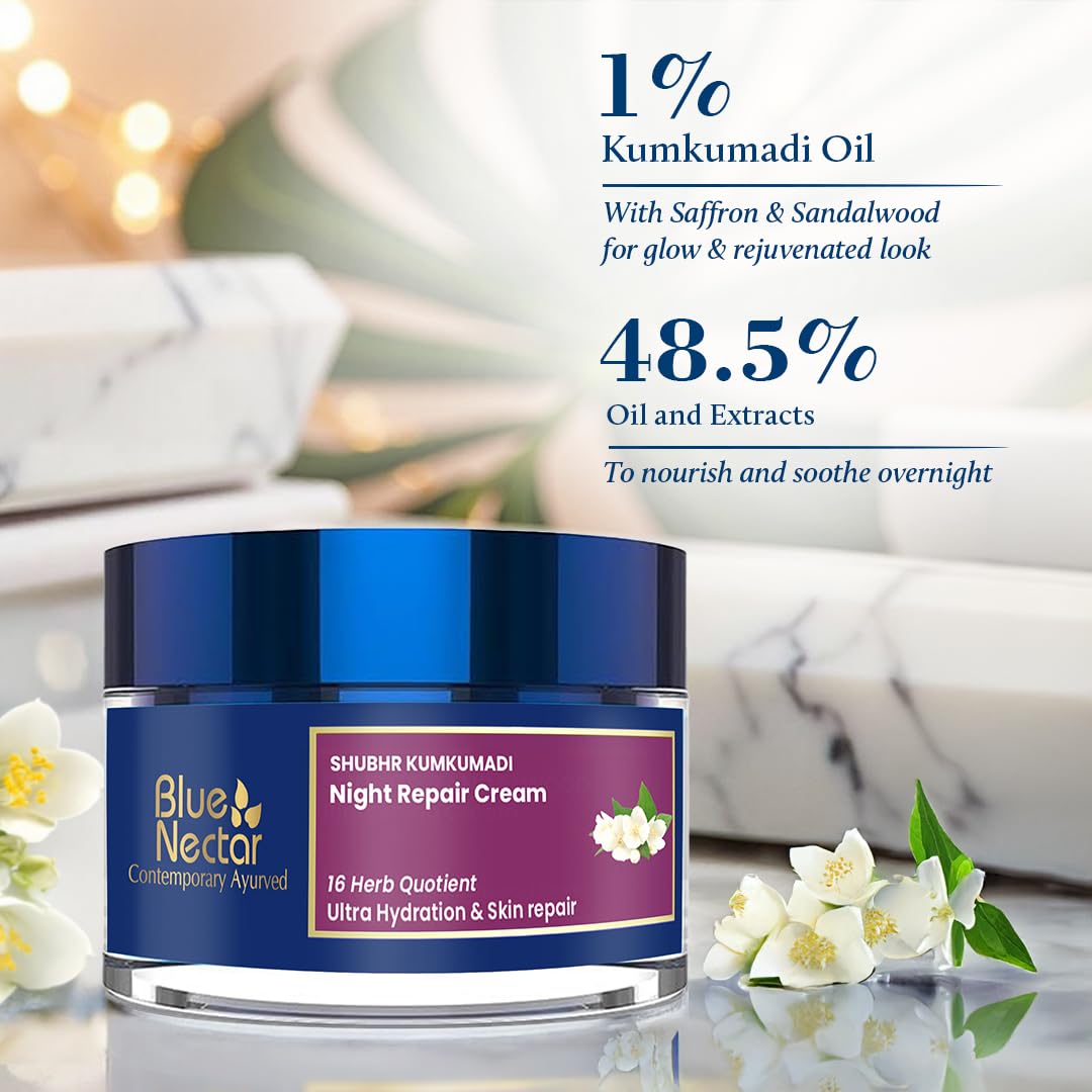 Blue Nectar Kumkumadi Night Cream Face Moisturizer for Women with Natural Almond & Saffron | Hydrating Moisturizer Face Cream for Night Time (16 Herbs, 1.7 Oz)