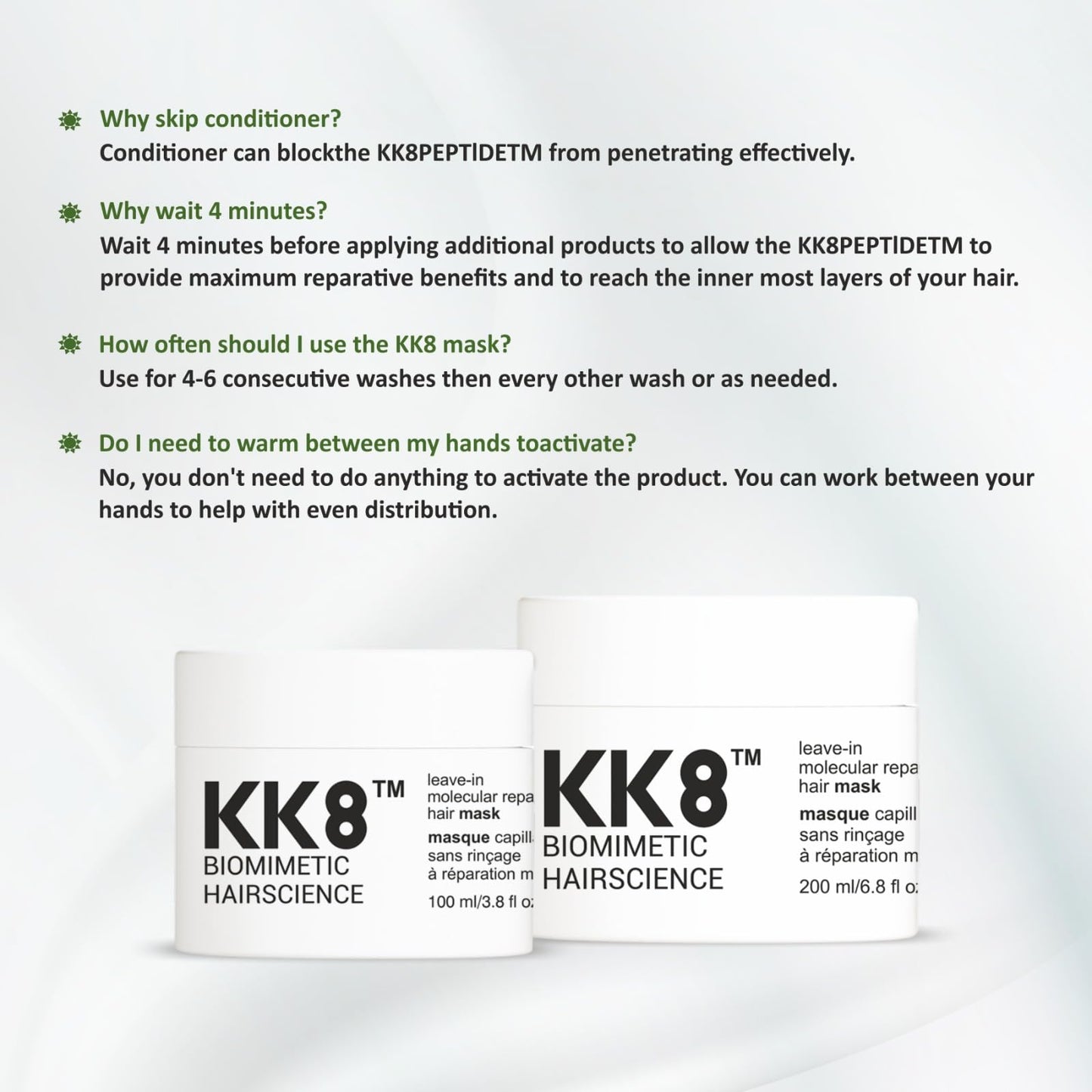 KK8 Biomimetic Hairscience Leave-In Molecular Hair Mask, Professional Repair Treatment for Damaged & Color-Treated Hair, 3.8 fl oz