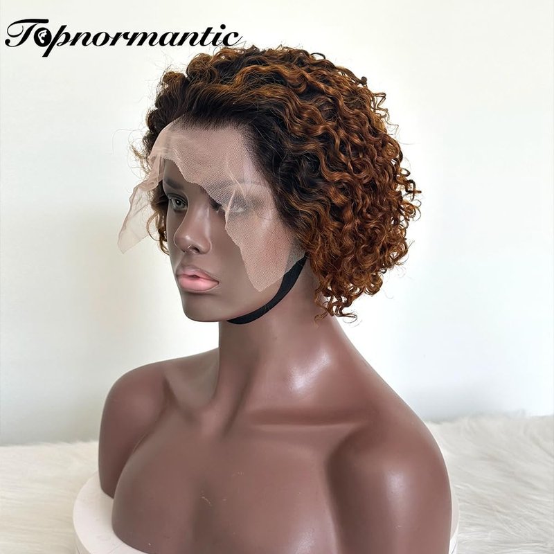 Topnormantic Short Curly Wigs for Black Women Human Hair 13x4 Ombre Honey Blonde Curly Lace Front Wigs Wigs Pre Plucked with Baby Hair 12A Brazilian Virgin Hair Glueless Pixie Cut Curly Wigs 6 Inch