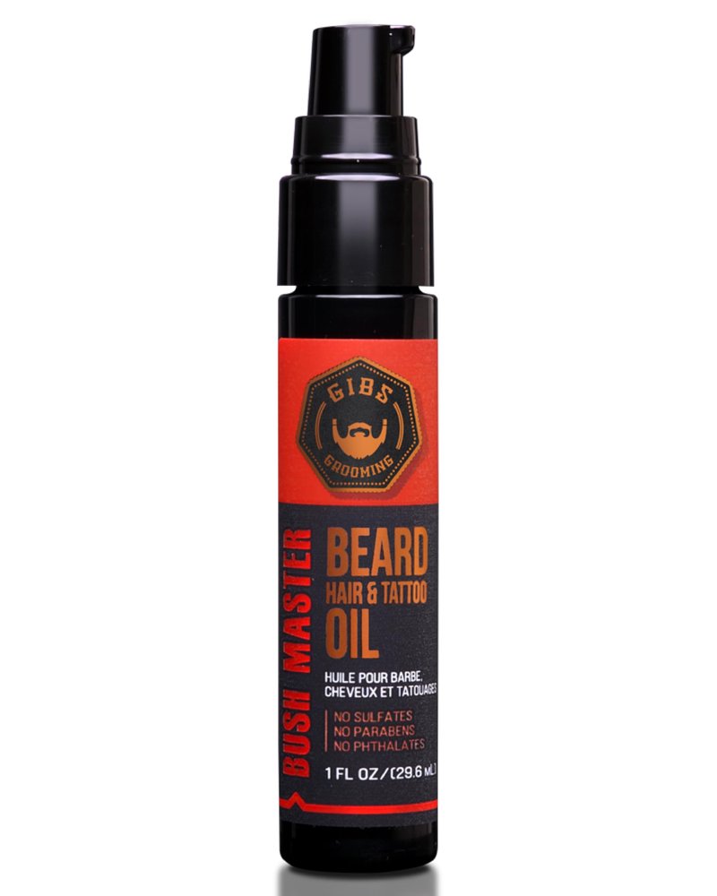 GIBS Grooming - Bush Master Beard, Hair & Tattoo Oil (1 fl oz) - Softens, Strengthens, Protects - Skin Moisturizer - Vitamin C - UV Shield - Travel Size - Beard Oil, Hair Care, Skin Care - Made in USA