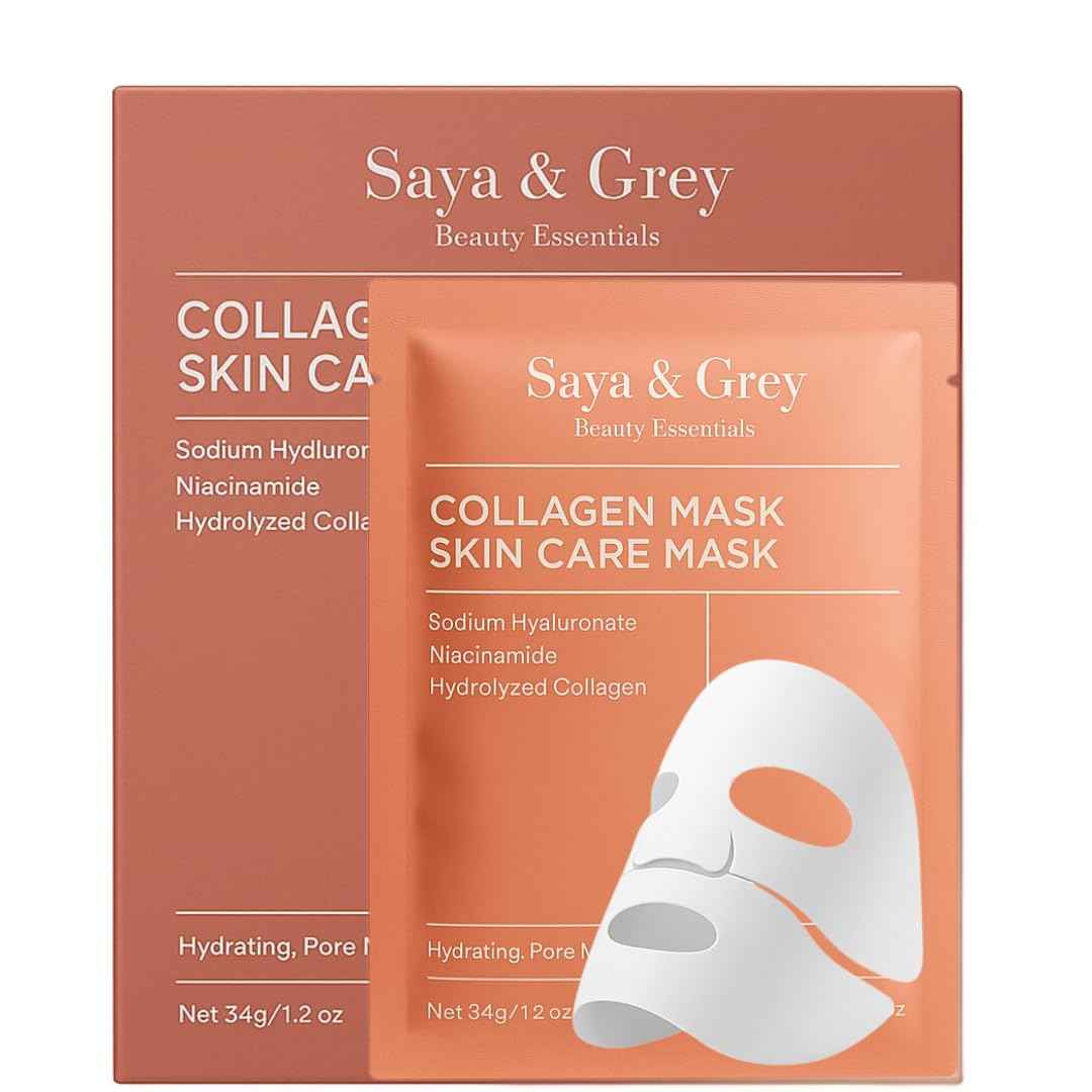 NEW! Saya & Grey Bio-Collagen Face Mask - 4 Pack – Fast Acting Hydrating & Anti-Aging Skin Treatment for Radiant, Youthful Glow