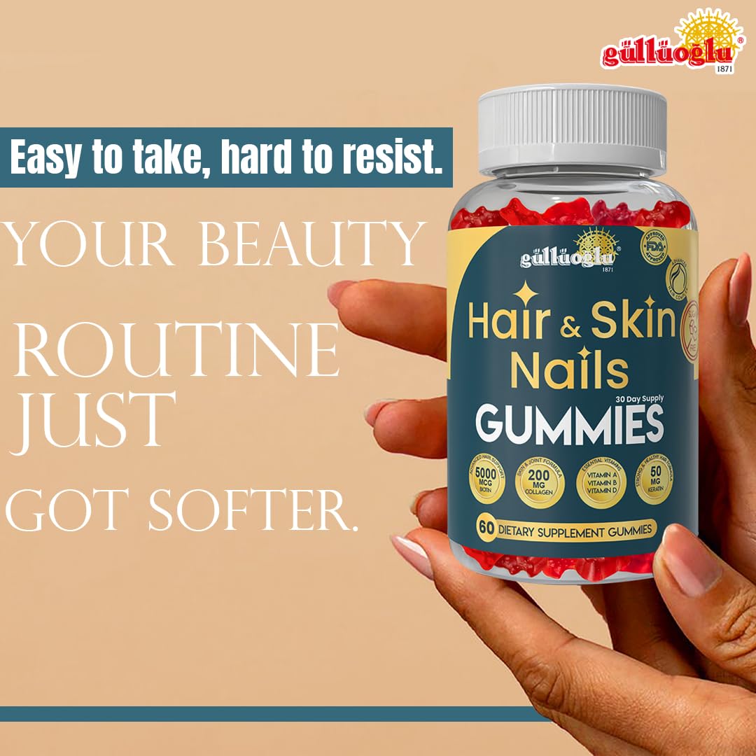 GÜLLÜOGLU Hair, Skin & Nails Gummies Sugar-Free – Biotin 5000 mcg, Collagen 200 mg & Keratin 50 mg –Vitamins A, C, D, E – Gluten-Free, Non-GMO, for Men and Women 60 Strawberry Flavor Gummies