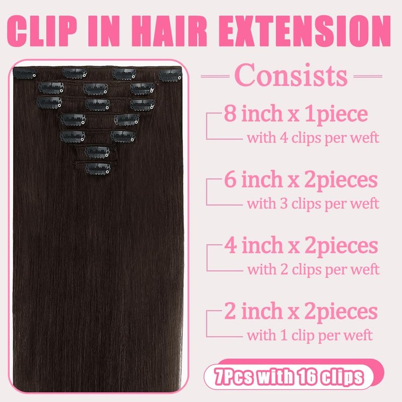 Clip in Hair Extensions Real Human Hair, 7Pcs 16 Inch Straight Brown Human Hair Extensions, 85g Dark Brown Seamless Invisible Real Clip in Human Hair Extensions, Double Weft Brazilian Remy Human Hair