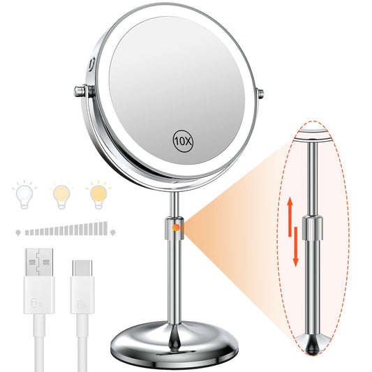 Benbilry 7" Lighted Makeup Mirror with Magnification 10X & 3 Color Lights, Adjustable Brightness & Height, 360° Swivel Rechargeable LED Magnifying Make Up Vanity Mirror with Lighting (Silver)