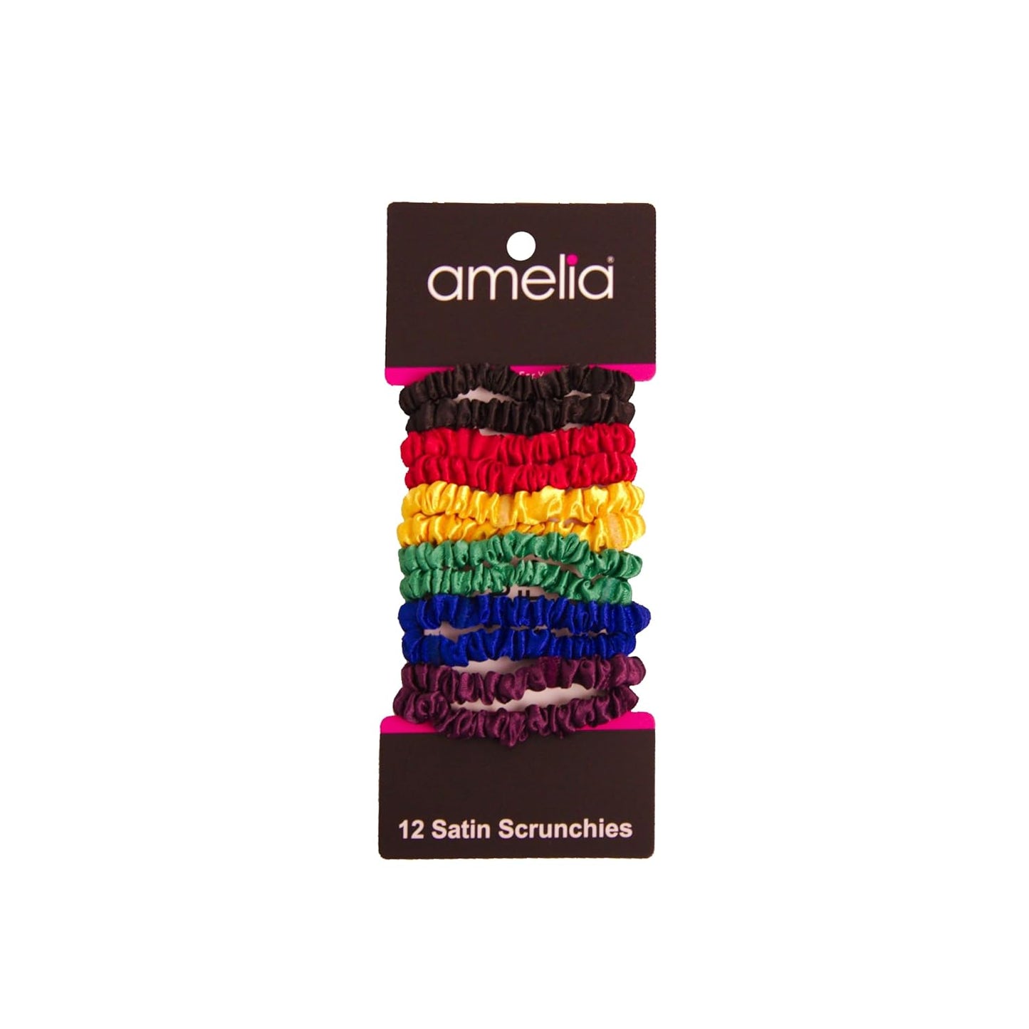 Amelia Beauty, Black, Skinny Satin Scrunchies, 12 Pack – 2in Diameter, Gentle & Strong Hold, No-Snag, No-Dent, Crease-Free Hair Ties