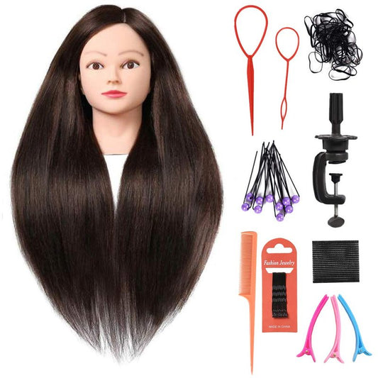 26"-28" Long Hair Mannequin Head with 60% Real Hair, Hairdresser Practice Training Head Cosmetology Manikin Doll Head with 9 Tools and Clamp - #4 Brown, Makeup On