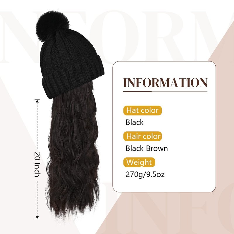 Flufymooz Beanie Wig, Hat Hair Extension Long Wavy Curly Black Hat Wig with Faux Fur Pom Hat, wig hat Attached 20 Inch Synthetic Hairpiece for Women Girls Winter (Black Brown)