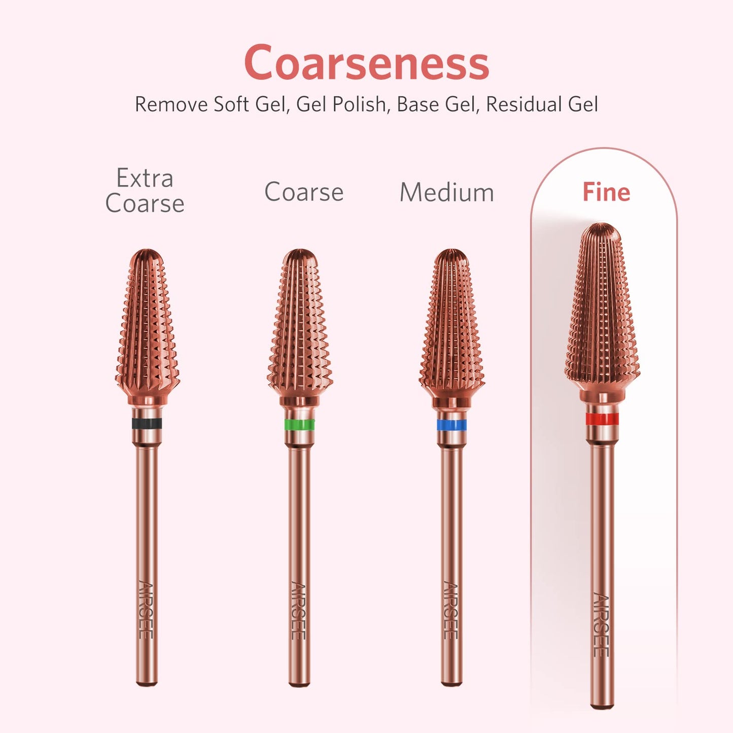AIRSEE Tungsten Carbide Acrylic Nail Drill Bit Efile Electric File Machine Head Tips for Manicure Polishing Fast Remove Gel 3/32" Shank Right Hand Advanced Salon Tech Rose Gold Tornado Fine-F