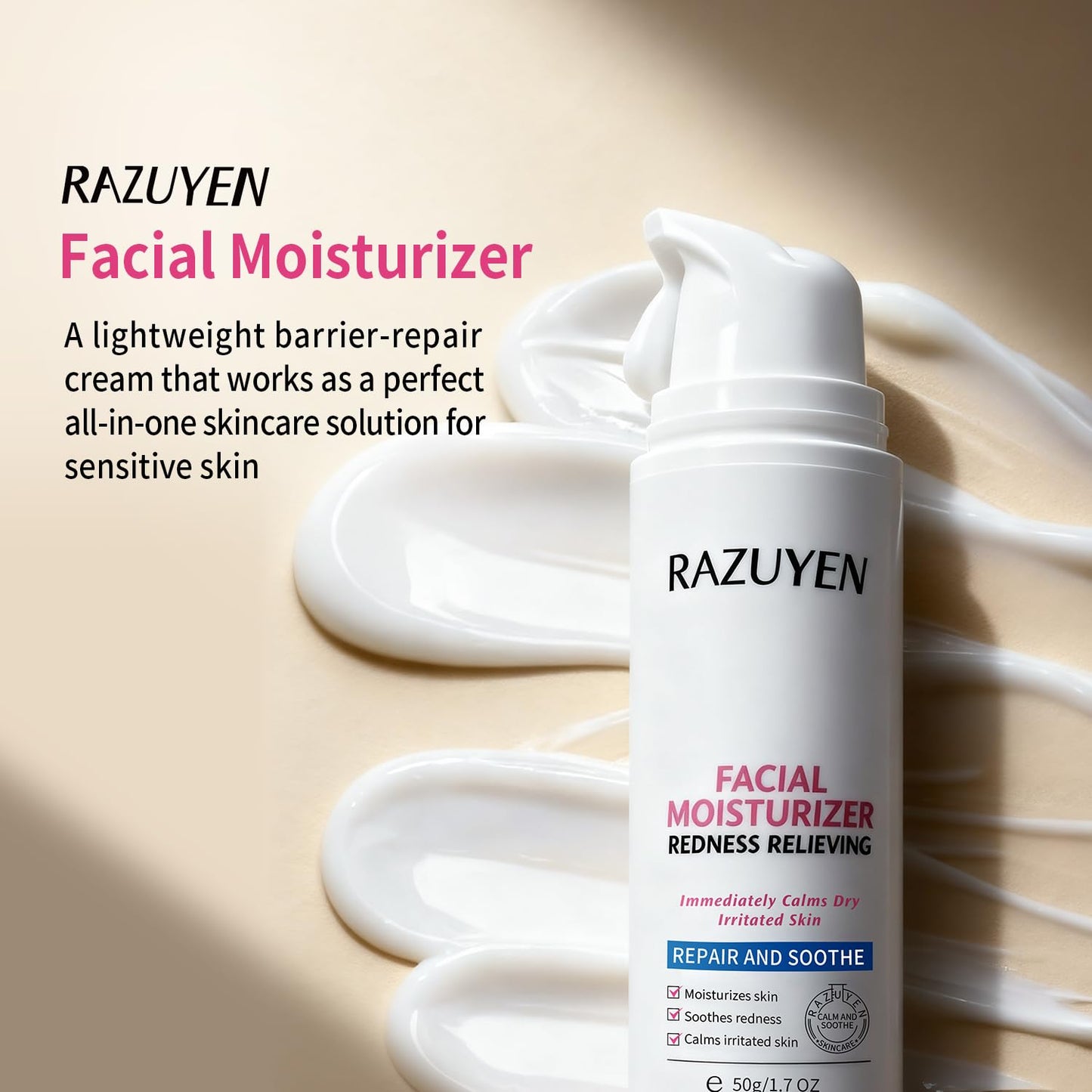 RAZUYEN Panthenol Cream, Soothing Face Repair Cream for Sensitive Skin, Fragrance Free, Non-Comedogenic, Hypoallergenic, Ceramide Moisturizer for Calming and Hydrating Skin, 1.7 Oz
